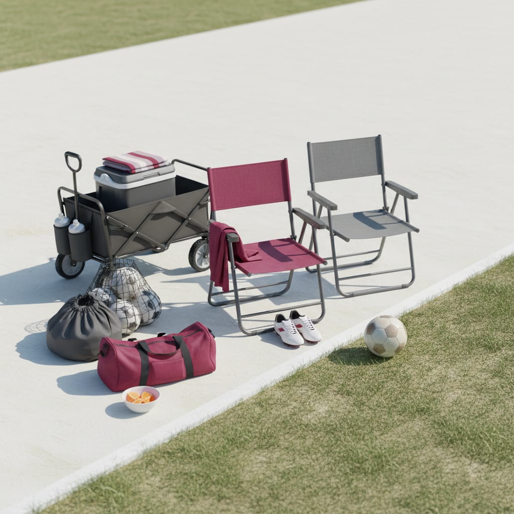 A sideline setup with a folded team jersey, cleats, a mesh ball bag and a folding chair ready for game day